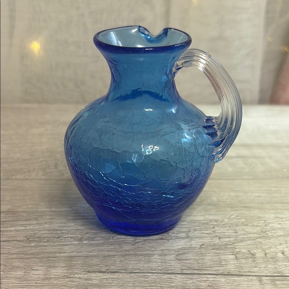 Blue Crackle Glass Creamer with Clear Handle - Picture 3 of 6